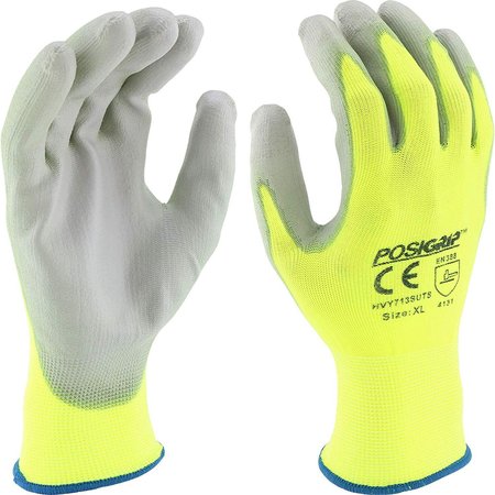 WEST CHESTER PROTECTIVE GEAR Touch Screen Gray PU Palm Coat, Hi Vis Yellow Nylon Shell Coated Gloves, Large HVY713SUTS/L